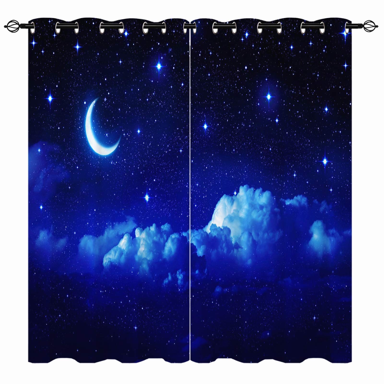 YUANZU Star Moon Curtains - Summer Blue Night Sky Starry Dreamy Cloud Landscape Print Pattern Eyelet Thermal & Room Darkening Blackout Window Drapes for Bedroom Living Room 2 Panels W117cm x D137cm — image 1