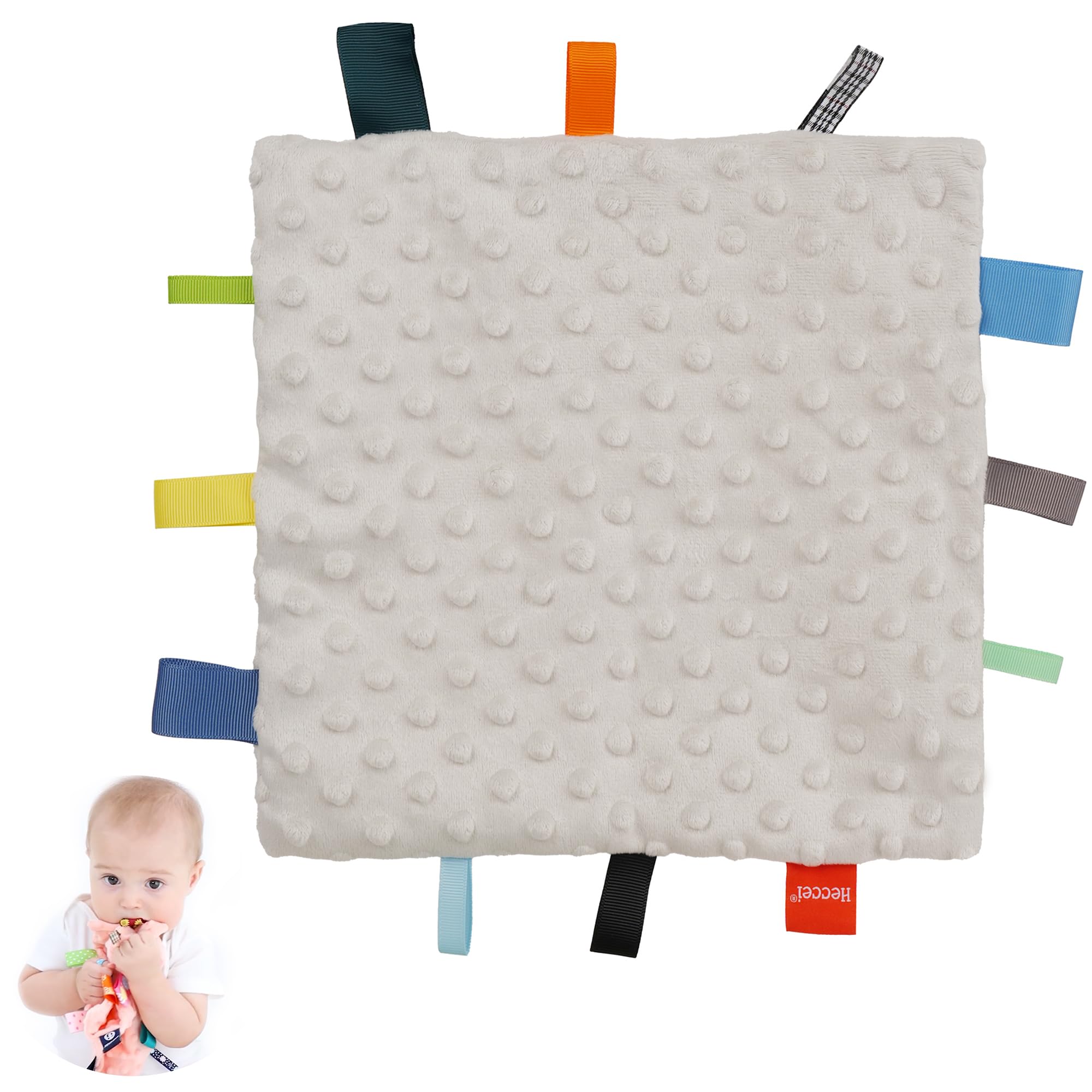 HECCEI Baby Security Blanket with Colorful Satin Tags, 10 x 10 inches Baby Comforter Square Appease Blankets, Plush Sensory Blanket - Soothing Blanket for Babies Girls/Boys(Grey)
