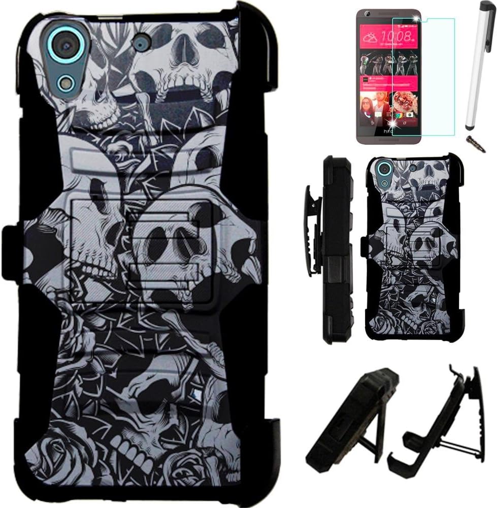 For HTC Desire 626 / HTC Desire 626S Armor Hybrid Case Silicone Cover Kick Stand LuxGuard Holster+[WORLD ACC LCD Screen Protector+Stylus+Dust Cap (Skull Rose/Black)