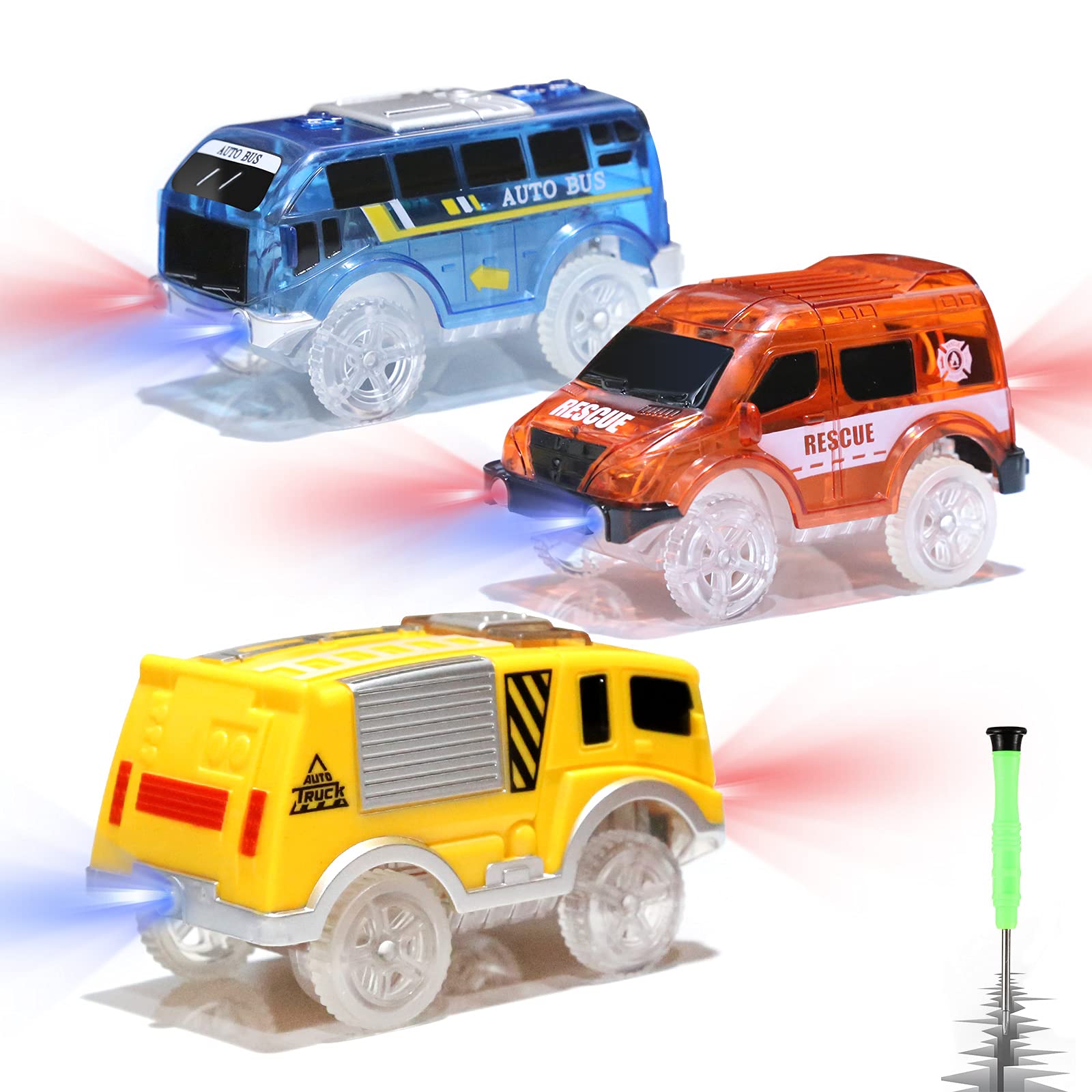 Save Unicorn Tracks Cars only Replacement, Race Cars for Tracks Glow in The Dark, Racing Car Track Accessories with 5 Flashing LED Lights, Compatible with Most Tracks for Kids Boys and Girls(3pack)