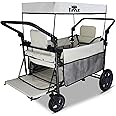 TMZ Foldable Wagon with Canopy, Collapsible Folding Wagon with Adjustable Handle Bar,Multi Functional Cart with Expansion Accessories,Front Expandable Transport Camping Wagon(Beige)
