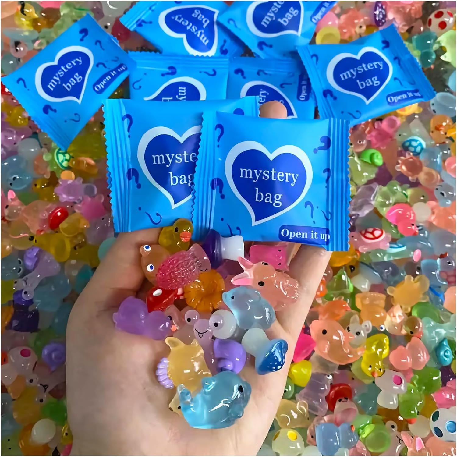 Photo 1 of *** PARTIAL SET/ 9 PCS/ ALL PACKAGES OPEN*** TQBAJ 100pcs Mini Glow in The Dark Animal Resin Models, Mystery Resin Animals Blind Bag, DIY Fairy Garden House Micro Landscape Aquarium Decor, Individually Wrapped Blind Bag