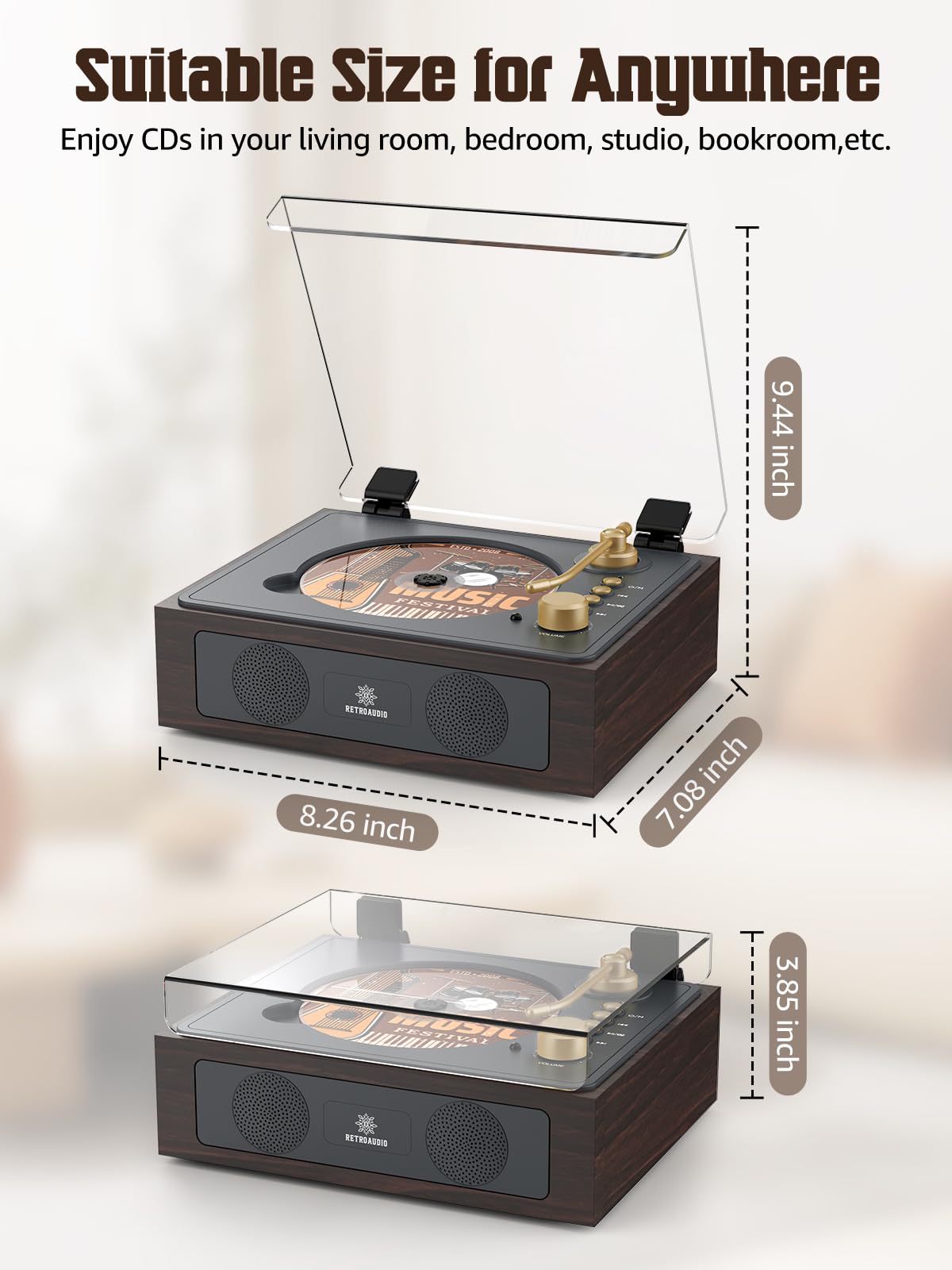 CD Player with Built-in Speakers Bluetooth Retro Portable CD Players for Home Music Player with Remote Control Headphone Jack Walnut Brown