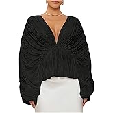Floerns Women's Elegant Blouse V Neck Dolman Long Sleeve Flare Party Peplum Tops