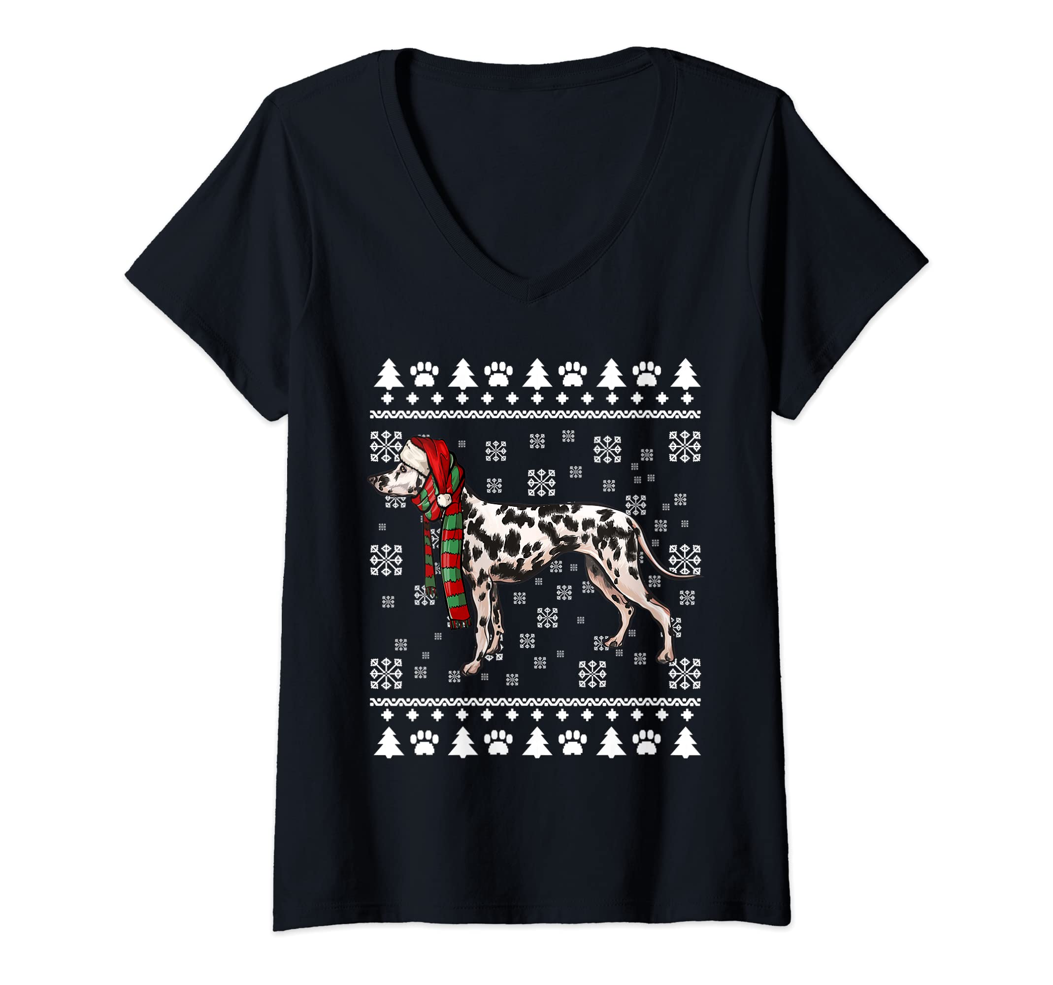 Womens Dalmatian Dog Santa Hat Xmas Ugly Christmas V-Neck T-Shirt