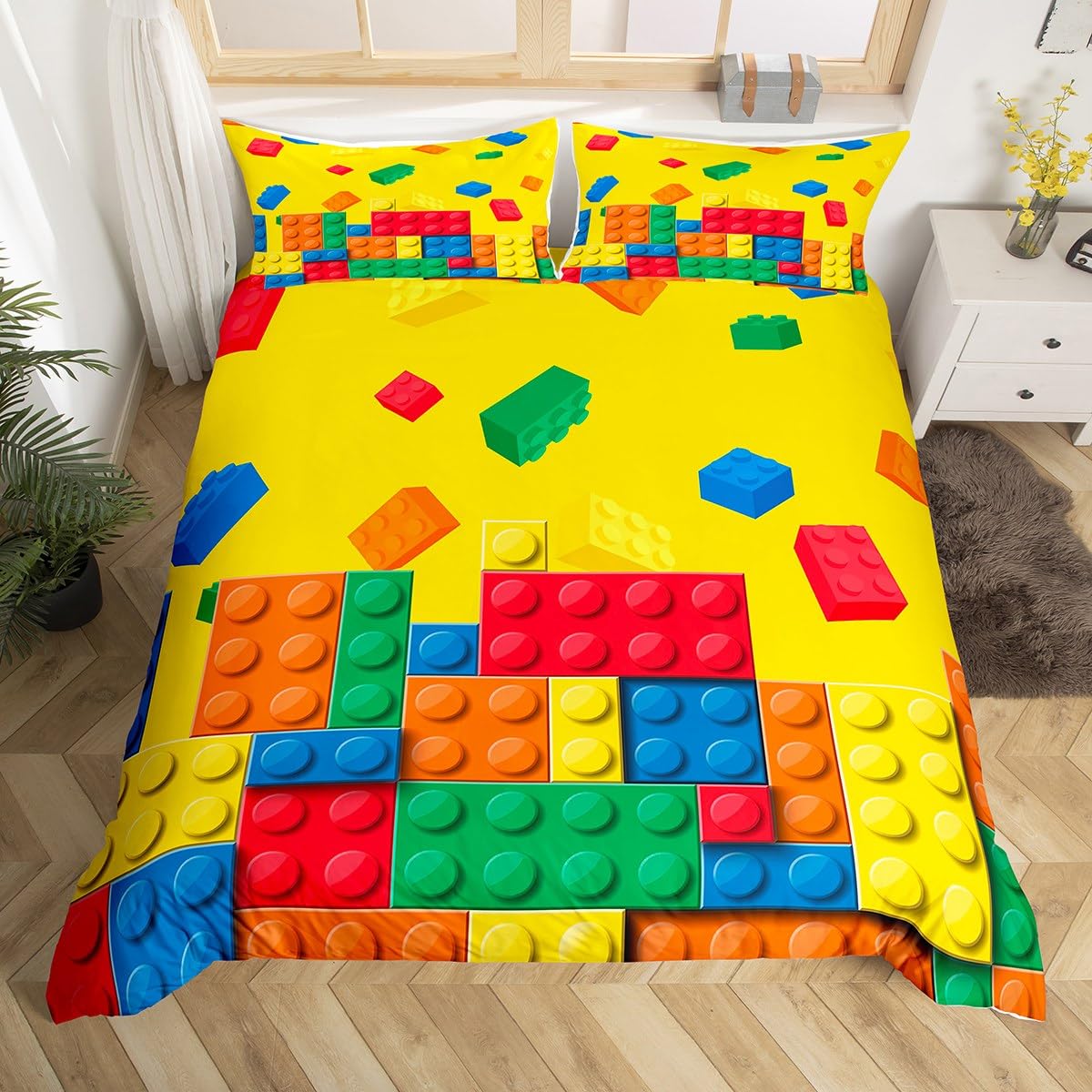 Loussiesd Building Block Print Bedding Set Double Size Kids Brick Styles Comforter Cover Set for Boys Teens Colorful Duvet Cover Breathable Gaming Yellow Bedspread Cover Room Decor Quilt Cover