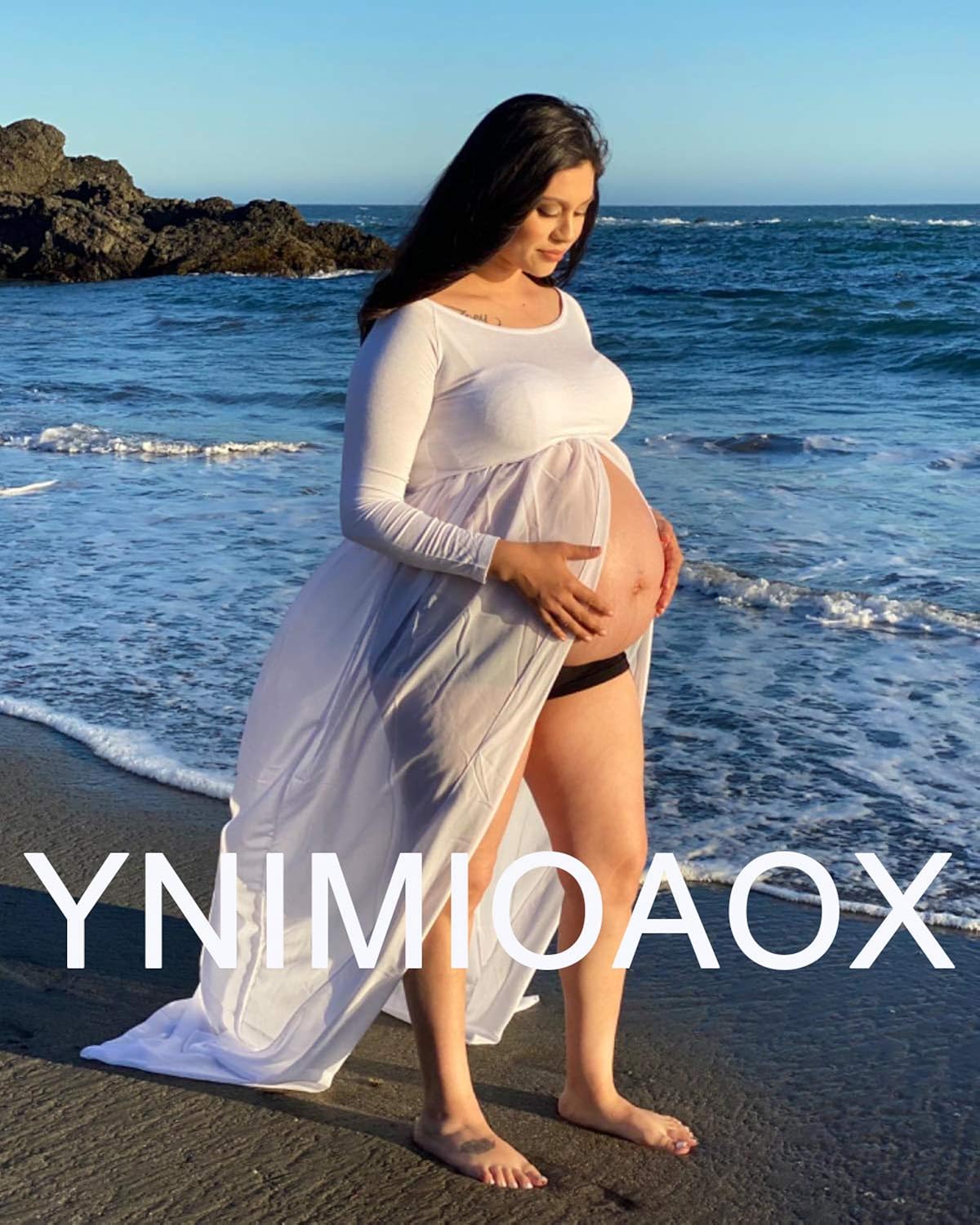 YnimioAOX Women's Off Shoulder Long Sleeve Maternity Dress for Photography Chiffon Maternity Gown for Photoshoot（A1-White at  Women’s Clothing store