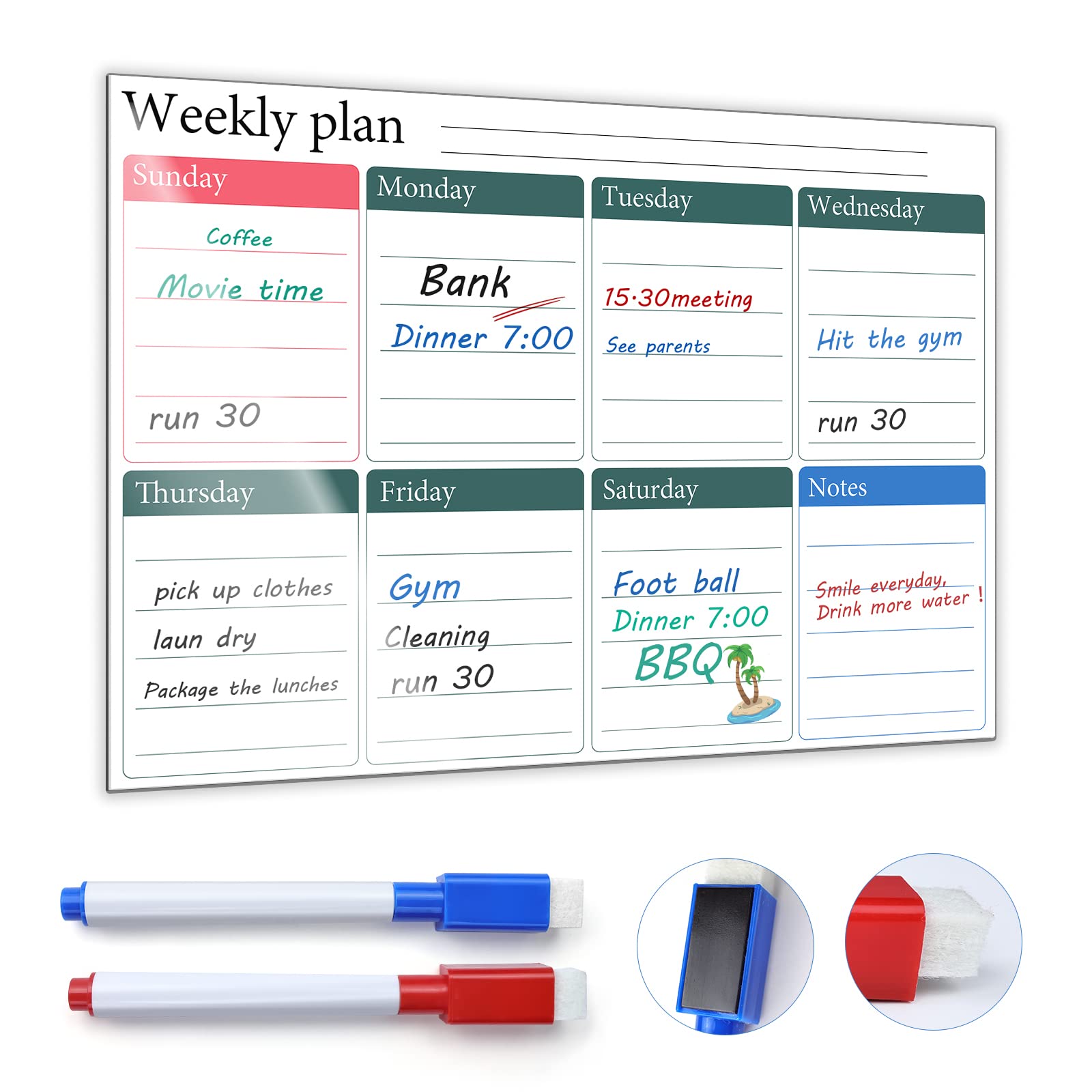 Skaaisont Magnetic Fridge Planner, Reusable A3 Weekly Planner Whiteboard with 2 Dry Erase Markers Reminder Notice Board for Adults and Children
