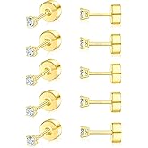 5 Pairs Small Moissanite Flatback Stud Earrings for Women Men,Sterling Silver Hypoallergenic Flat Back Earrings,18K White Gold Plated Cartilage Earring Set