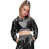 Perfashion Girls Long Sleeve Metallic Crop Tops Hip Hop Dance Hoodie Cropped Sweatshirt 4-13Y