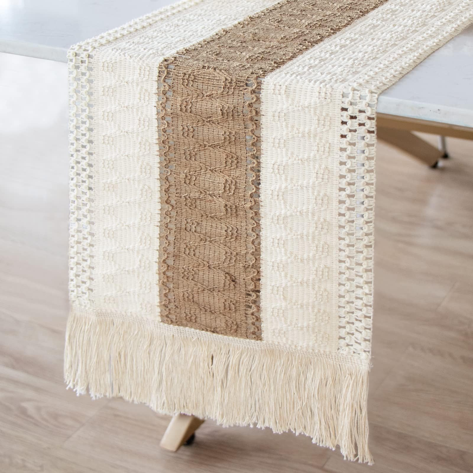OurWarm Macrame Table Runner Farmhouse Style, Natural Burlap Table Runner Cotton Lace Boho Table Runner with Tassels for Bohemian Rustic Wedding Bridal Shower Home Dining Table Decor, 12 x 108 Inch