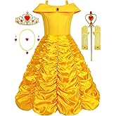 Aoiviss Princess Dress for Girls Off Shoulder Layered Yellow Princess Dress Up Clothes with Accessories Halloween Cosplay