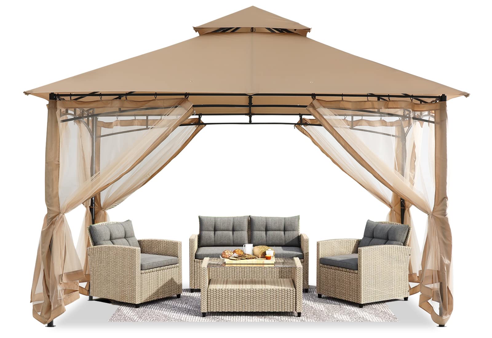 Photo 1 of ***DAMAGED -MISSING PIECES -SELLING AS PARTS ONLY*** ABCCANOPY Gazebos for Patios 10x12 - Outdoor Steel Frame Gazebo with Mosquito Netting for Lawn Backyard Garden Deck (Beige)