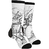 YISHOW Graffiti Sketch Drummer Music Men's Unisex Novelty Crew Socks Funny Crazy Dress Socks, Black and White