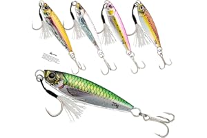 iLure Fishing Jigging Spoons Saltwater Jigs Fishing Lures 5pcs Long Casting Jigging Spoon Lures 20g with Assist Hook and Treble Hook 3D Colors Vertical Slow Pitch Jigs Spoon for Bass