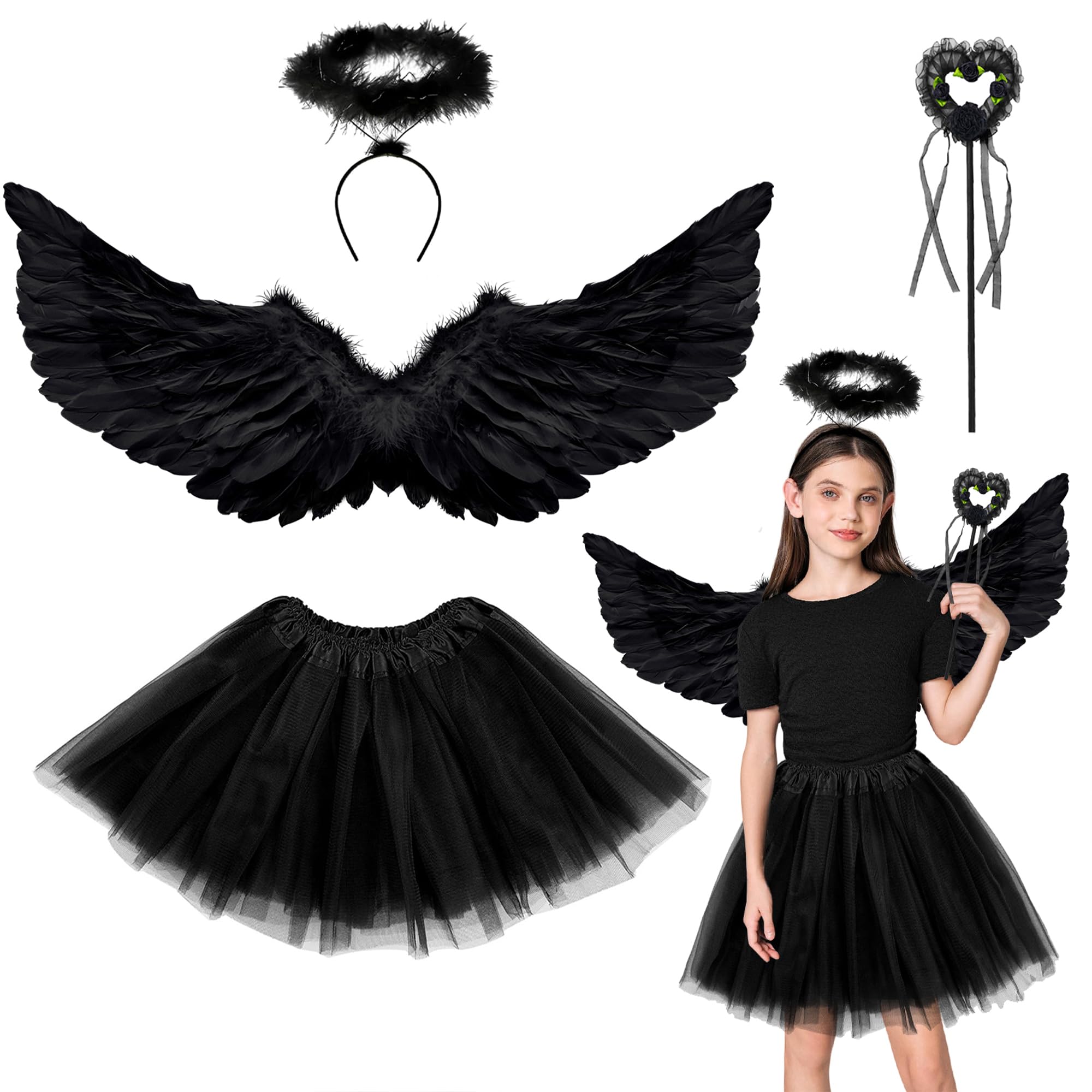Goenb Angel Wings, 63 * 33cm Black Angel Wings and Halo Wand Angel Costume Accessories with Tulle Tutu Skirt for Women Girls for Halloween Christmas Fancy Dress Up