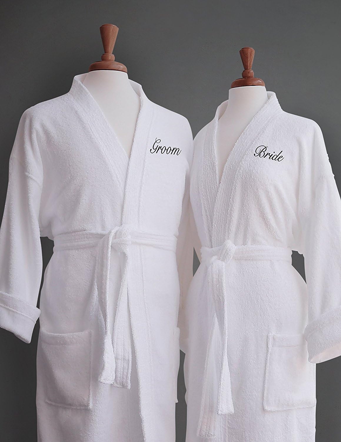 Luxor Linens Bride & Groom Terry Cloth Bathrobe Set -100% Egyptian Cotton-Unisex/One Size Fits Most-Luxurious,Soft,Plush,Elegant Script Embroidery