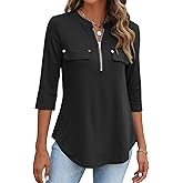 Halife Women's 3/4 Length Sleeve V Neck Flowy Tunic Blouses Work Tops Shirts with Zippers