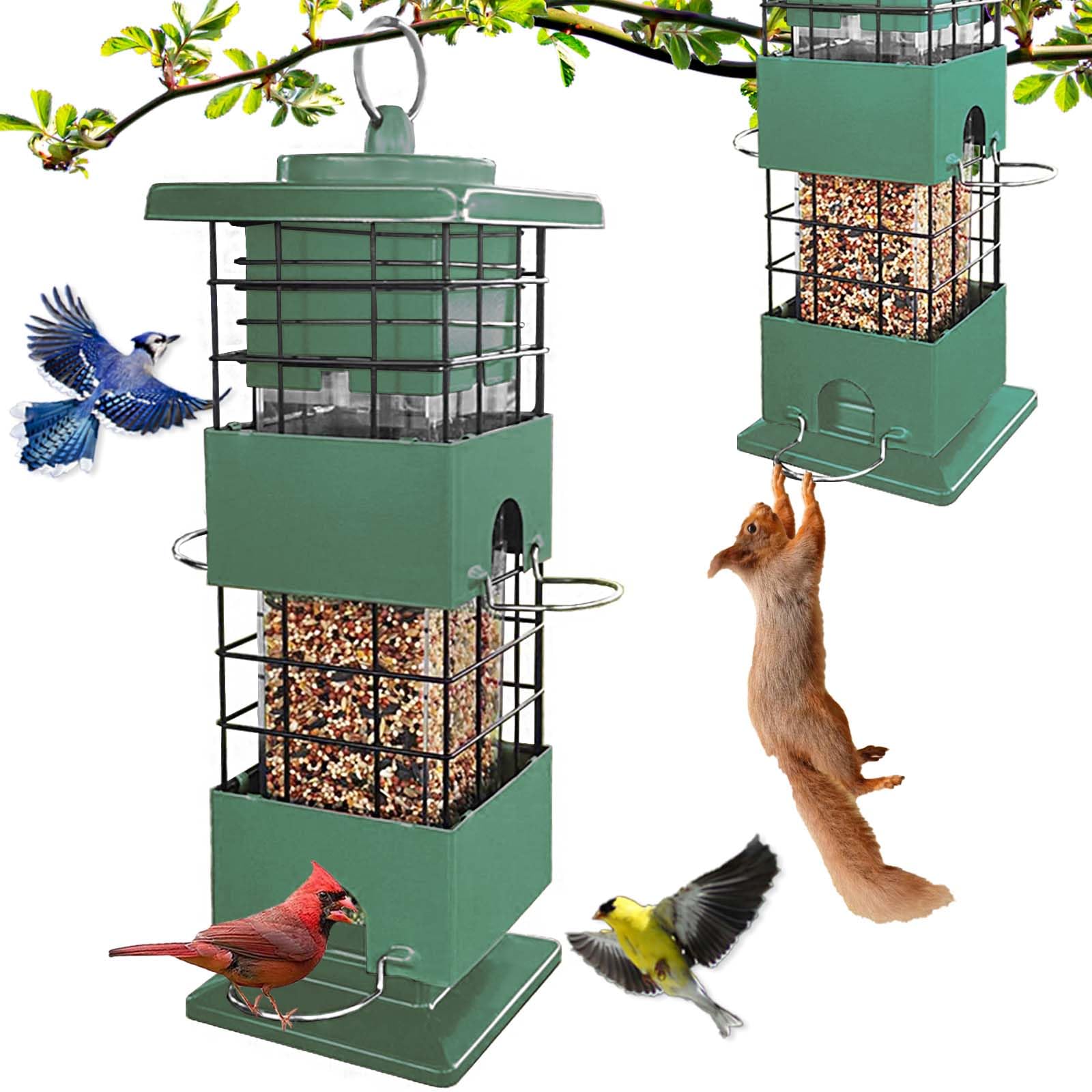 Photo 1 of Squirrel Proof Bird Feeder, 3LBS Large Capacity Hanging Bird Feeders with Weight-Activated Perches for Outdoors, Metal Wild Birdfeeder for Blue Jay, Cardinal, Outside (Green)