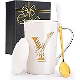 Letter Y Personalized Initial Mugs with Flower, Letter Y Personalized Coffee Mug, Customized Cool Letters Mugs for Women, Bridal Shower Gifts, Women's Initials Gifts Mug 14 OZ Matte White
