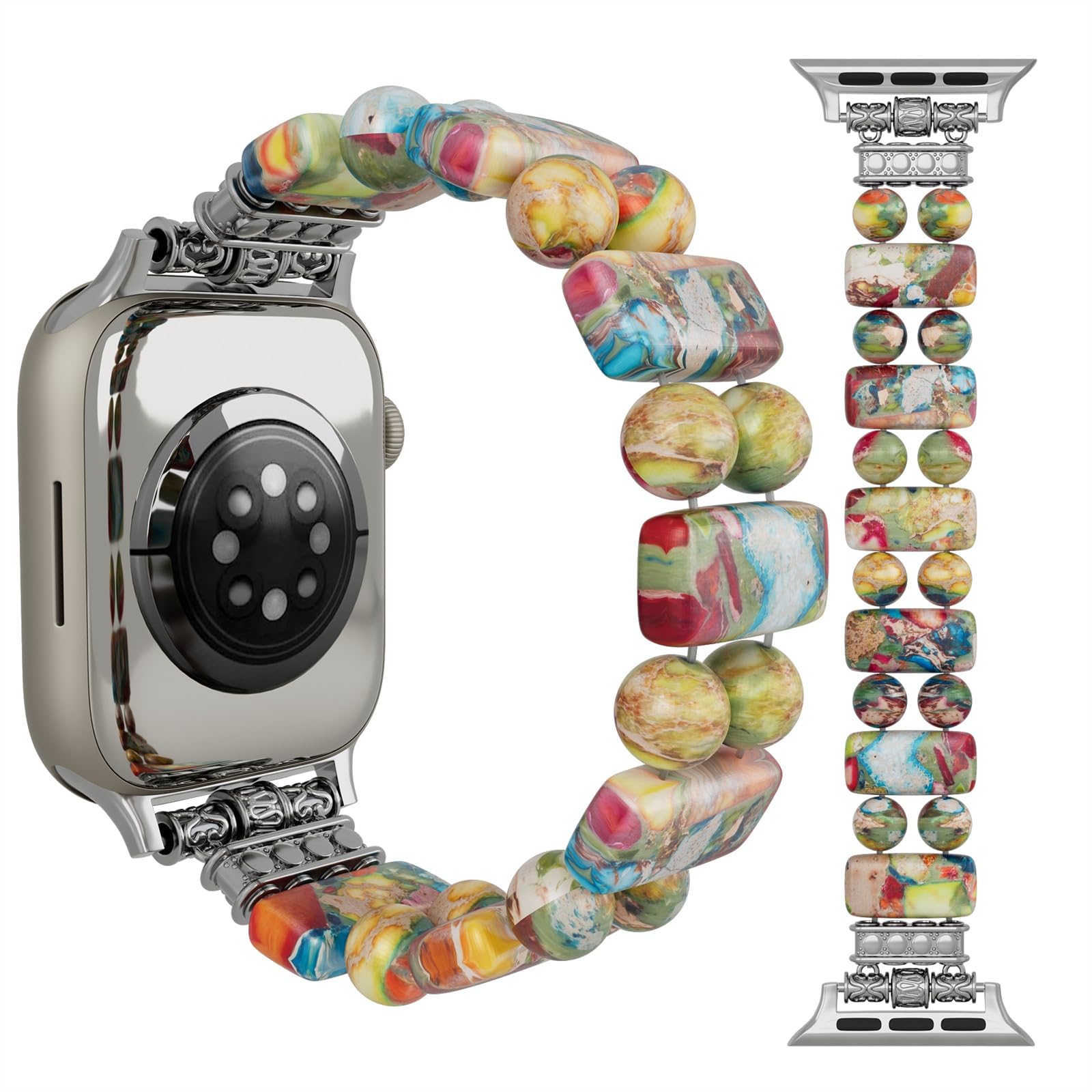 Boho Natural Stone Bracelet Compatible with Apple Watch Band 42mm 44mm 45mm 49mm Handmade Beaded Rainbow Imperial Jasper Stones for iWatch Straps Replacement (Red Blue Green42/Silver/S)