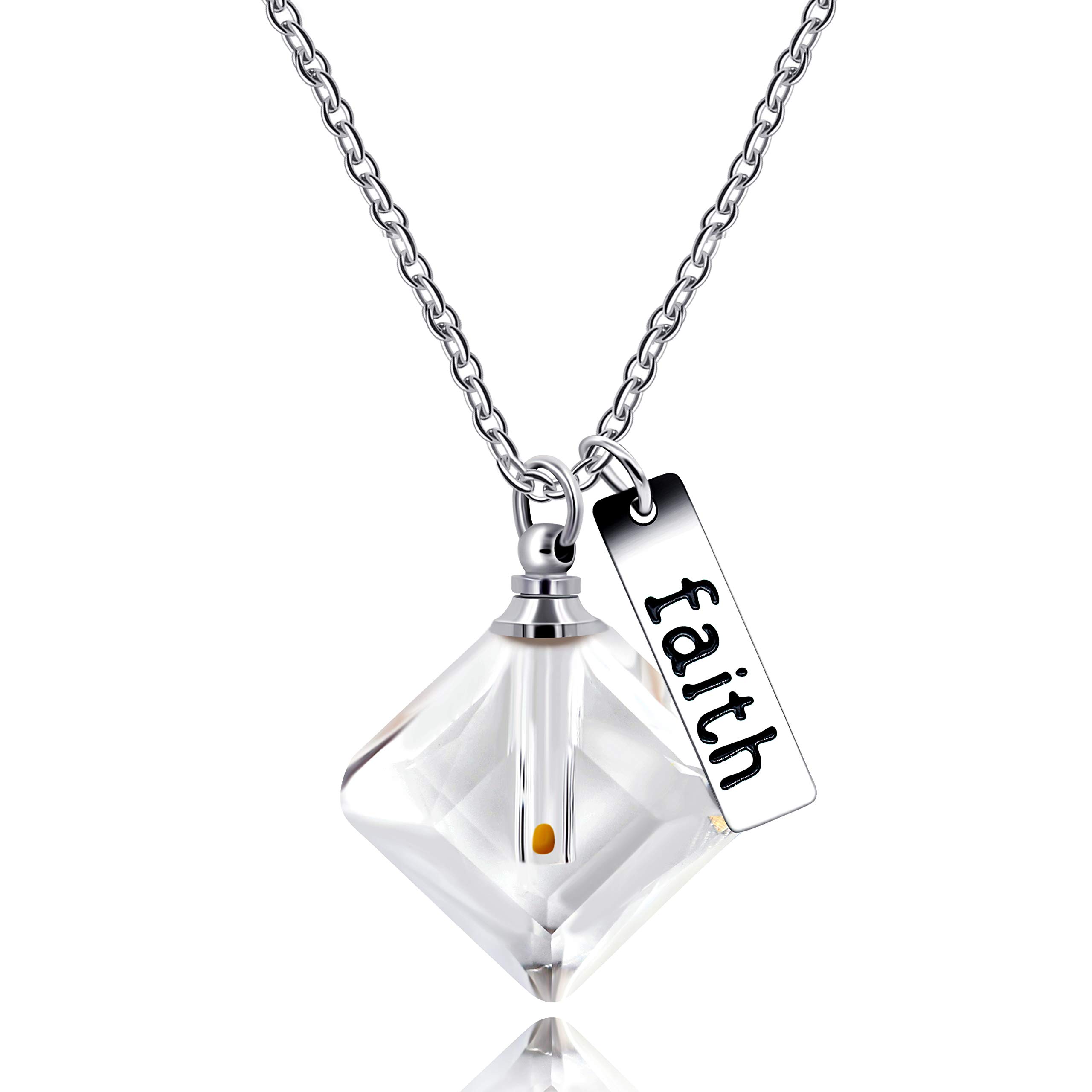 Uloveido Crystal Square Pendant Necklaces for Women Girls, Stainless Steel Faith Necklace, Mustard Seed in Openable Bottle (White)