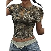 BEAUDRM Women's Y2k Camo Print Crop Tee Top Crew Neck Short Sleeve Slim Fit T Shirts 90s Streetwear