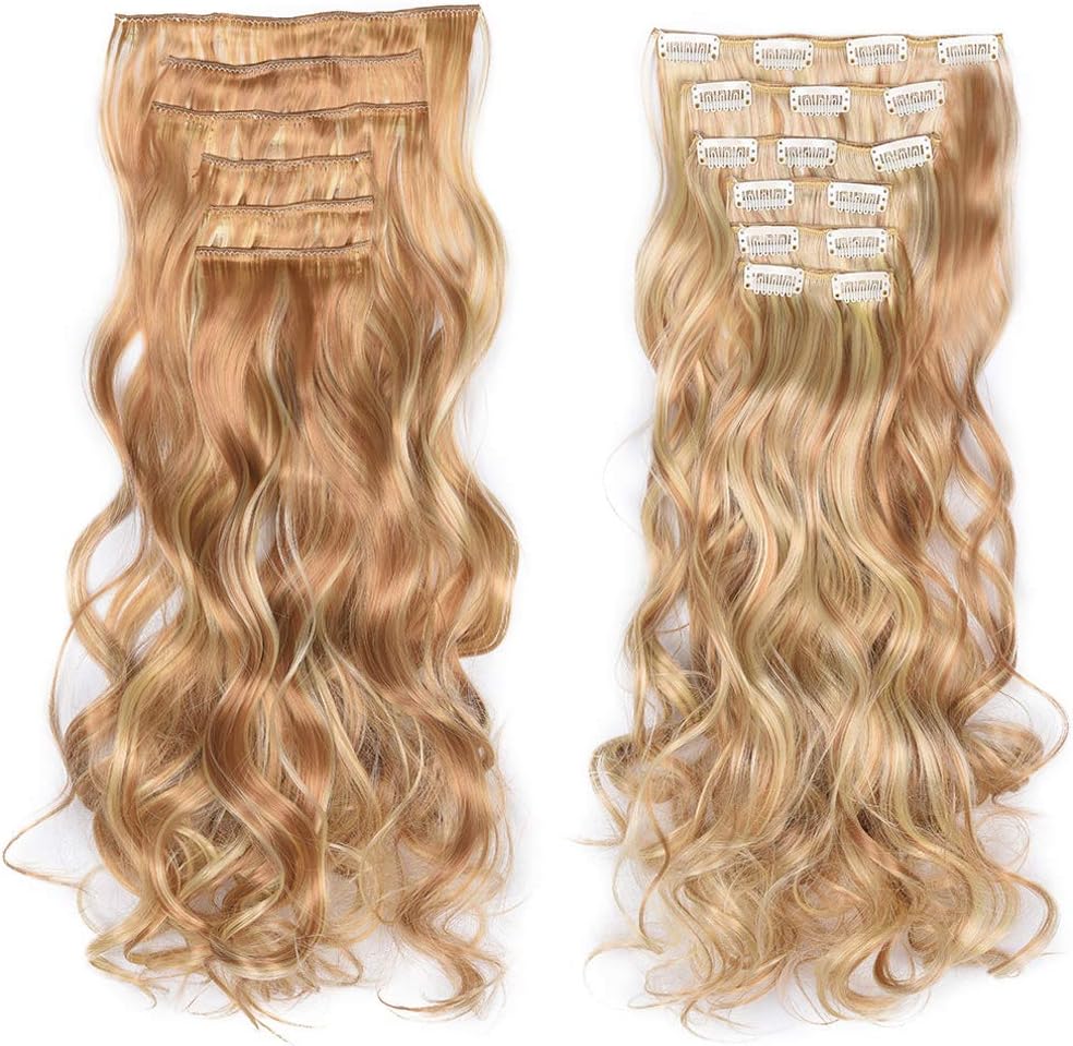 6pcs 24 Inch Invisible Wire 16 Clip One Piece Halo Hair Extensions Secret Fish Line Hairpieces Wave Straight Synthetic Fake Clip in Hair Extensions Full Head Clip (22TH/613)