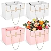 4 Pcs Flower Paper Gift Box Bouquet Storage Bucket, Flower Boxes Wedding Florist Handbag with Metal Chain, Floral Craft Wrap Bag for Arrangements Valentine's Day Birthday Mother's Day (Pink White)