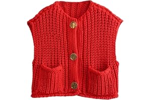 FindThy Women’s Cropped Sweater Vest Cute Crewneck Button Down Sleeveless Crop Knit Cardigan with Pocket