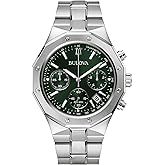 Bulova Men's Classic 6-Hand Chronograph High Performance Quartz Silver Stainless Steel Watch, Green Dial,Geometric Bezel 24 Hour Time, 44mm, Style:96B409