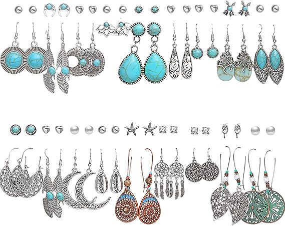 Amazon 36ペア ファッション ヴィンテージ 人工ターコイズ ドロップ ダングル イヤリングセット レディース ガールズ ボーホー 透かし細工 葉 羽 シルバー ジュエリー クリスマスギフト用 ネックレス 通販