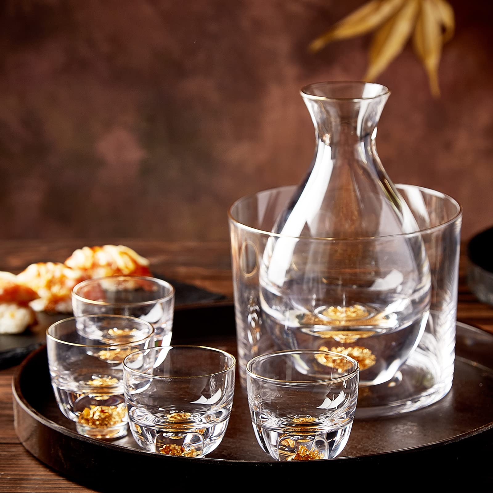 Photo 1 of DUJUST Sake Set for 4, Crystal Sake Glass Decorated with 24K Gold Leaf Flakes, 1 Sake Bottle, 1 Sake Tank and 4 Sake Cups/Shot Glass, Cold Sake Carafe, Beautiful & Luxury Japanese Gifts Set - 6 pcs