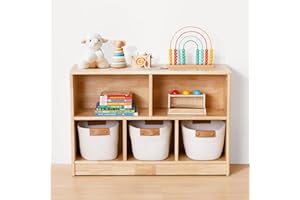 OOOK Rubber Wood 5-Compartment Montessori Shelf, 35.4" L Toddler Bookshelf, 2-Tier Wooden Storage Cabinet, Kids Classroom Organizer, Playroom, Daycare and Preschool Storage Shelves