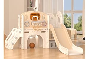 YUFU 9 in 1 Toddler Slide, Kids Slide for Toddlers Age 1-3, Toddler Climber Slide with Basketball Hoop and Ball, Toddlers Outdoor Indoor Playset (Beige+Coffee)