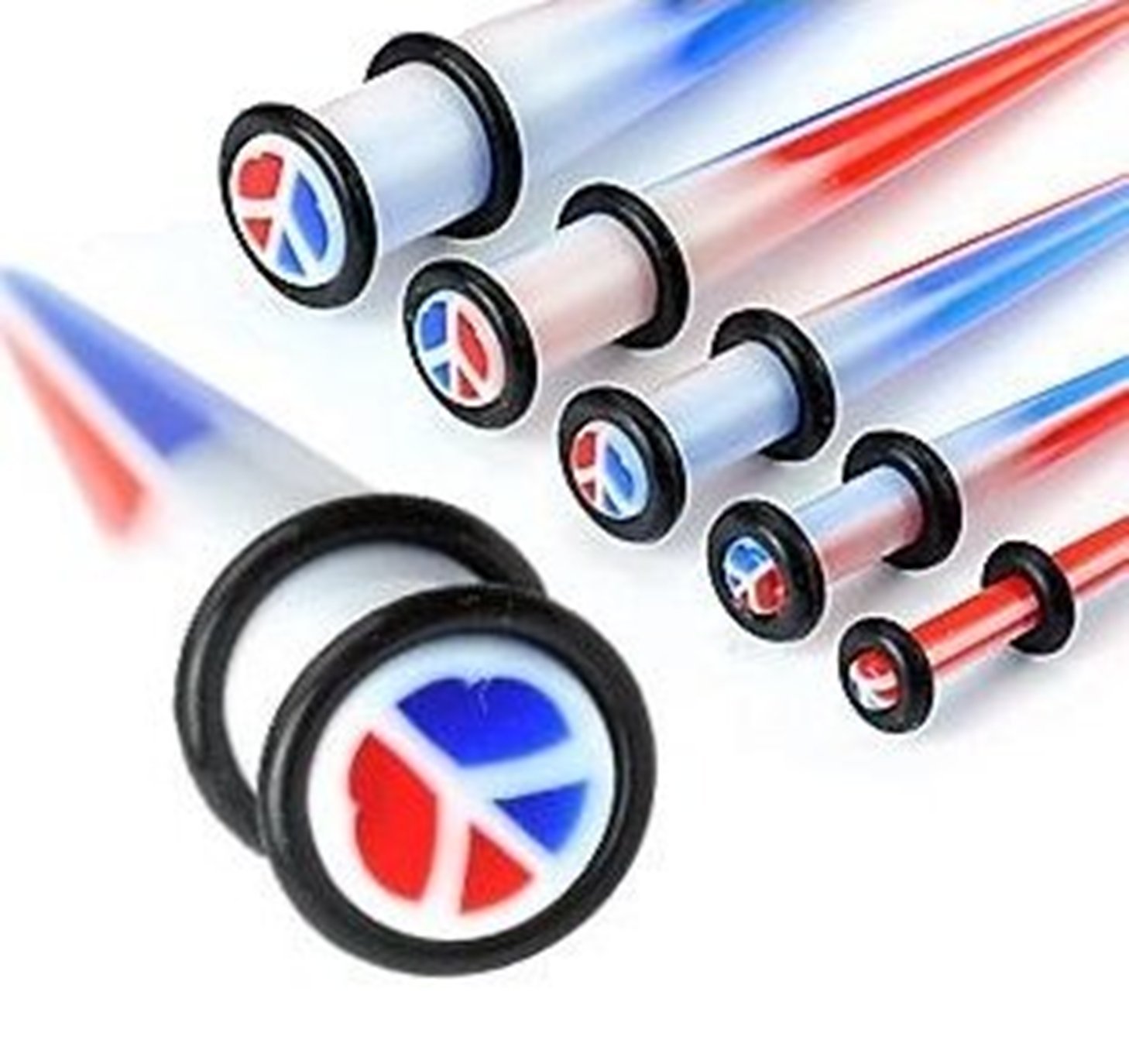 Ear Stretcher Taper Starter Kit with Peace Sign Pack of 6 White Blue and Red