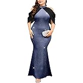 CYCLAMEN Plus Size Sparkly Maxi Dress Formal Evening Gown Halter Neck Chiffon Cape Sleeve Mermaid Dresses Cocktail Party