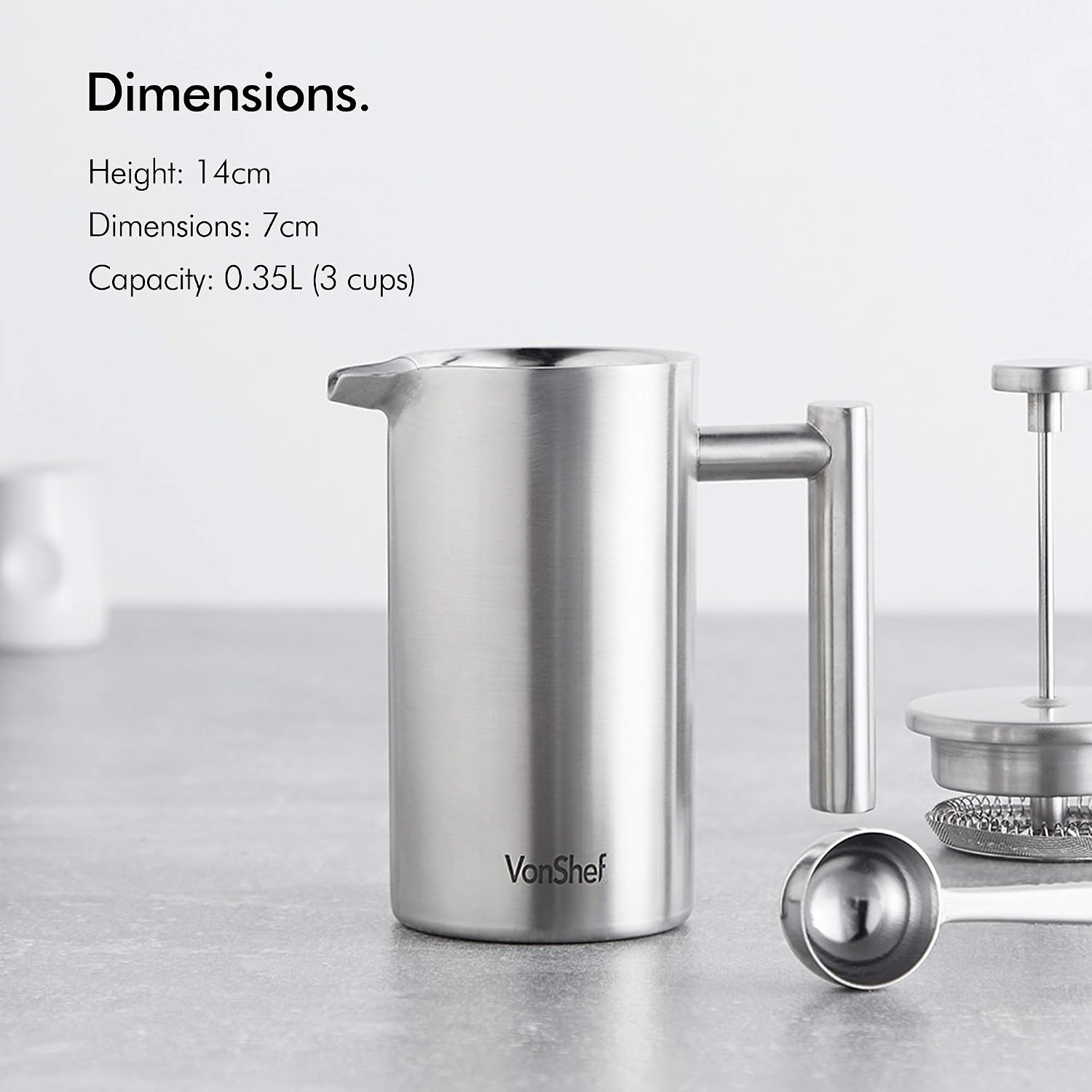 VonShef 3 Cup Cafetiere, Stainless Steel 350ml Double Walled French Press with Measuring Spoon/Bag Seal - Image 3