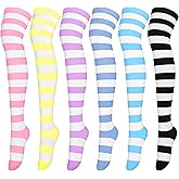Aneco 6 Pairs Thigh High Socks Over Knee High Stockings Extra Long Leg Warmers for Women Mixed Candy Color Stripes, One Size