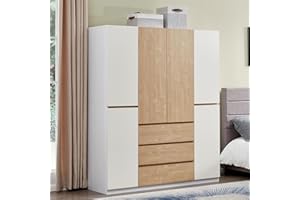 ClassyCabin White Armoire Wardrobe Closet, 4 Door 3 Drawers Blister Armoire Storage Cabinet for High Storage Capacity, Wooden Bedroom Armoires with Hanging Rod and 2 Storage 63" L x 20.3" W x 72" H