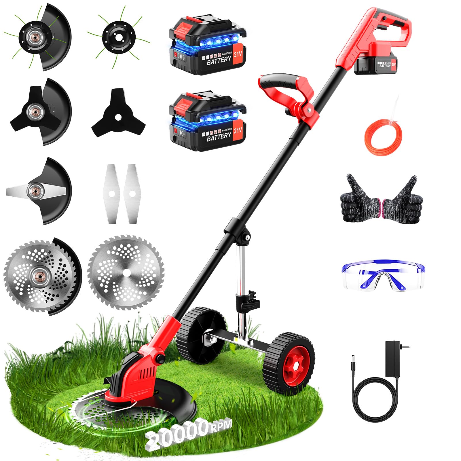 Photo 1 of 20000 RPM Electric Weed Wacker with Wheel,12? Brushless Cordless Weed Eater Battery Powered, 4-in-1 Brush Cutter/String Trimmer/Grass Trimmer/Lawn Mower,Edger Stringless Weed Trimmer,5 Blade,2 Battery