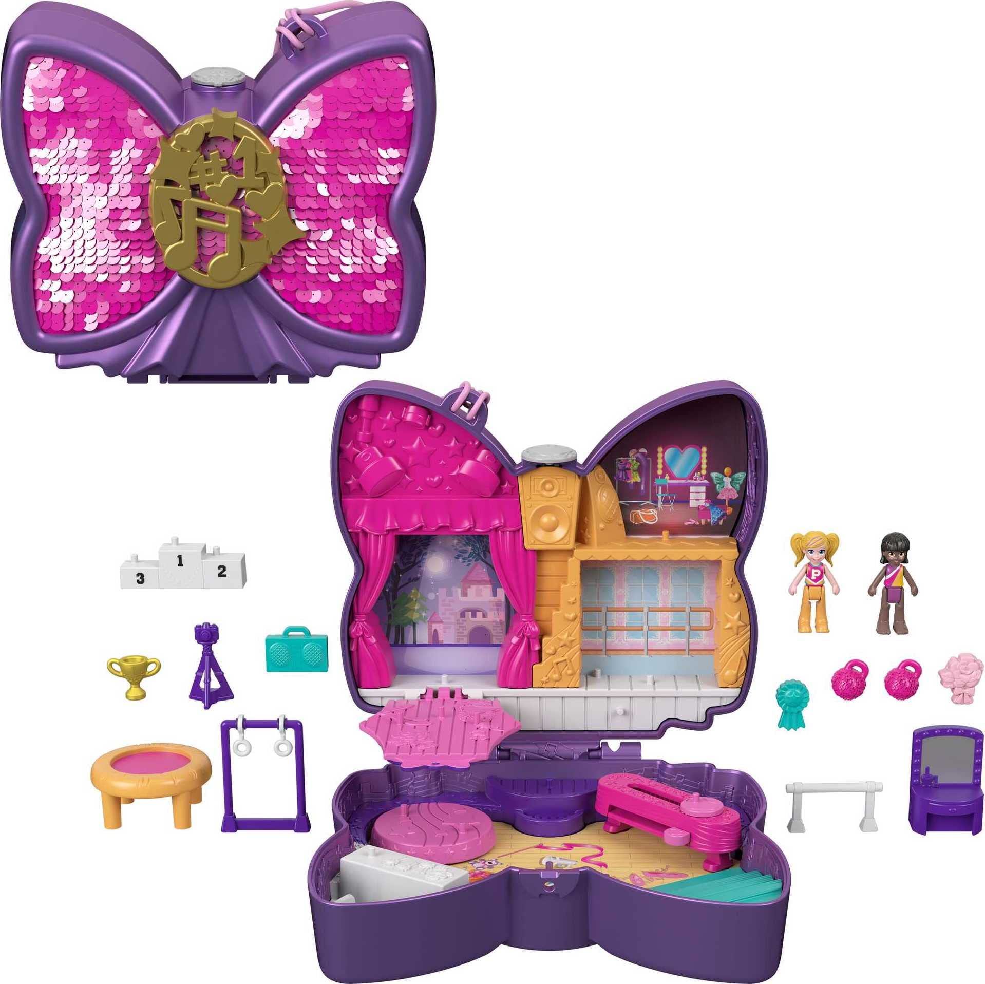 Photo 1 of Polly Pocket Compact Playset, Sparkle Stage Bow with 2 Micro Dolls & Accessories, Travel Toys with Surprise Reveals