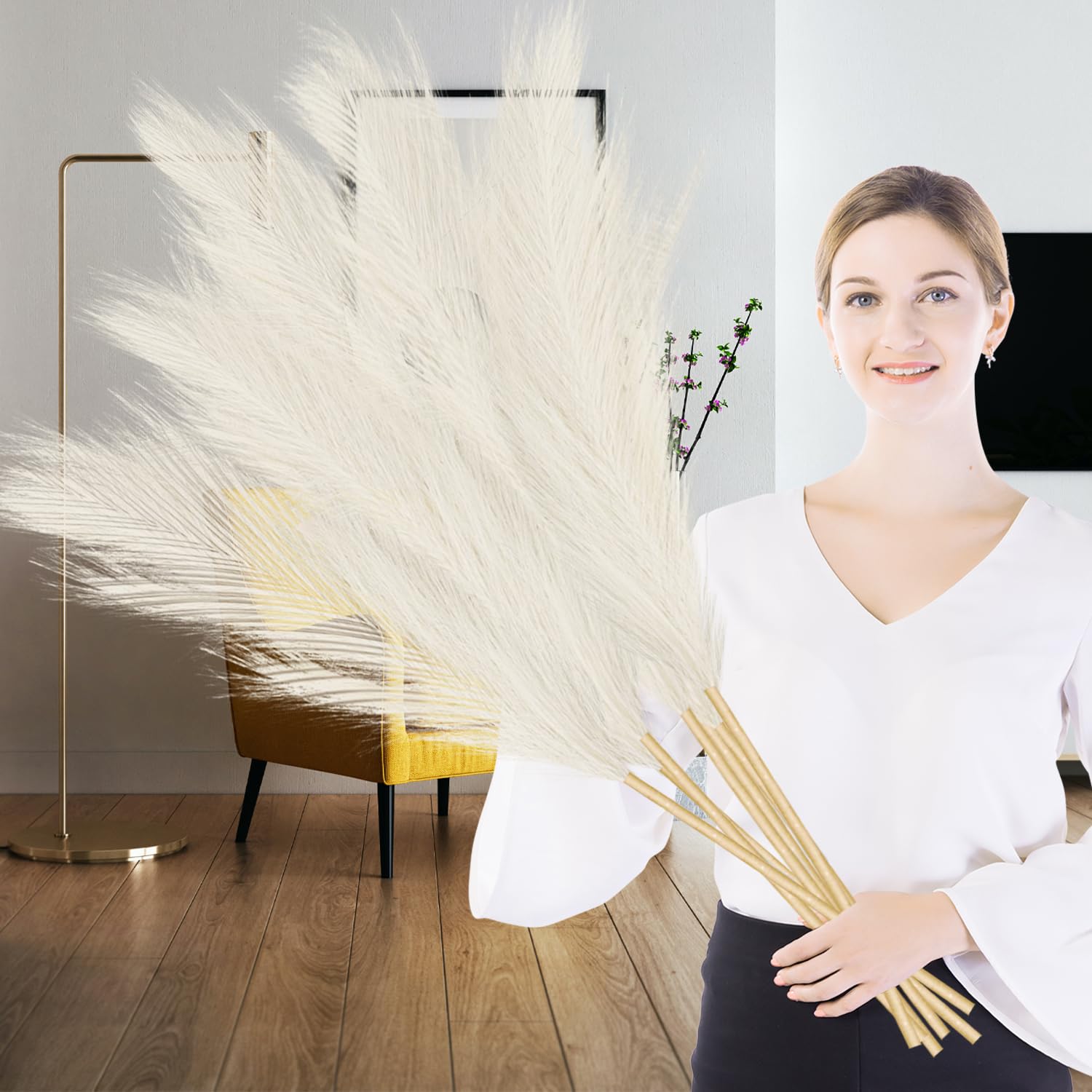 Lighterday 6 Pcs Pampas Grass Artificial 43"/110cm Large Tall Fluffy Faux Pampas Grass for Wedding Living Room Bedroom Boho Home Decor (Beige)