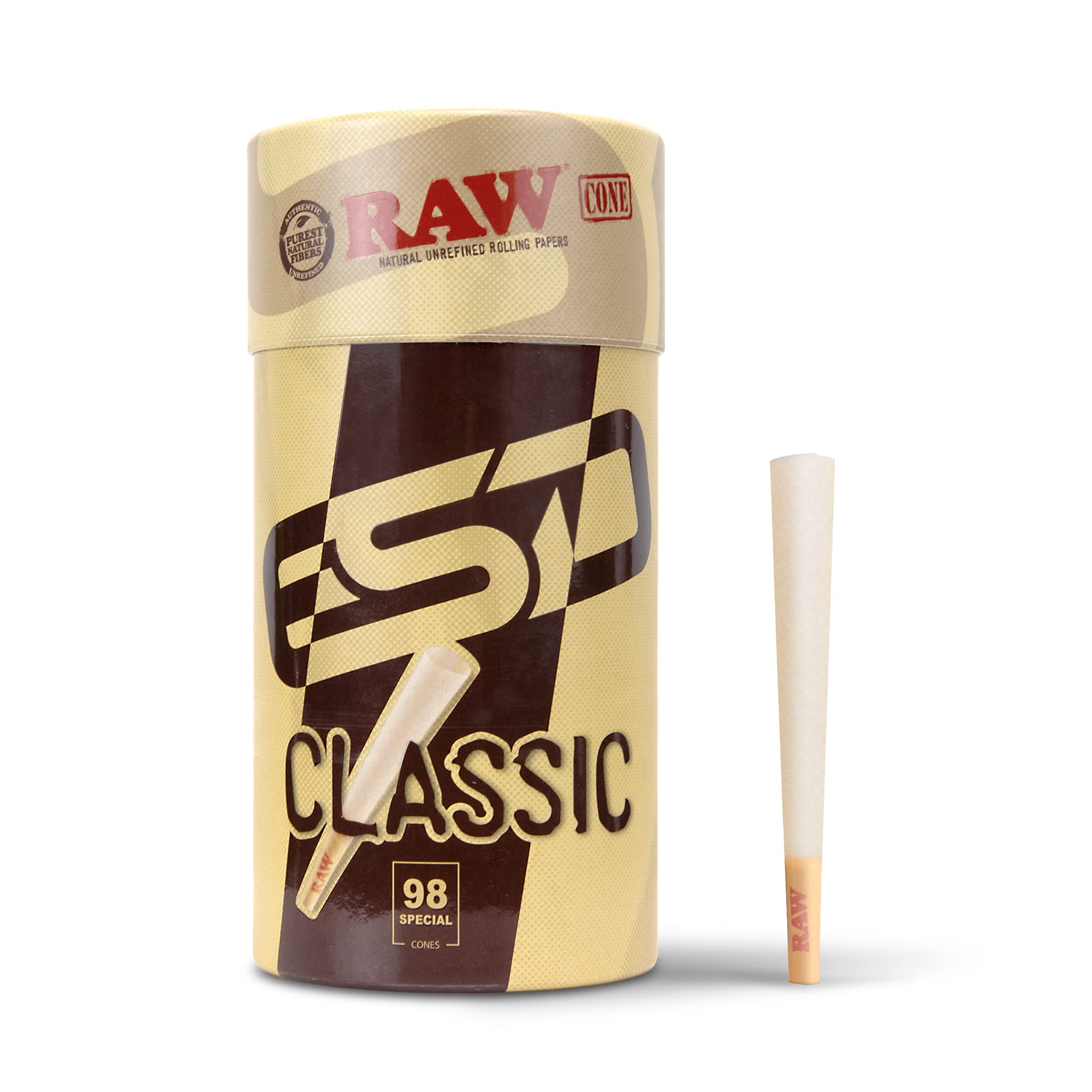 Raw Cones Classic 98 Special | 100 Pack | Natural Pre Rolled Rolling Paper with Tips & Packing Sticks Included