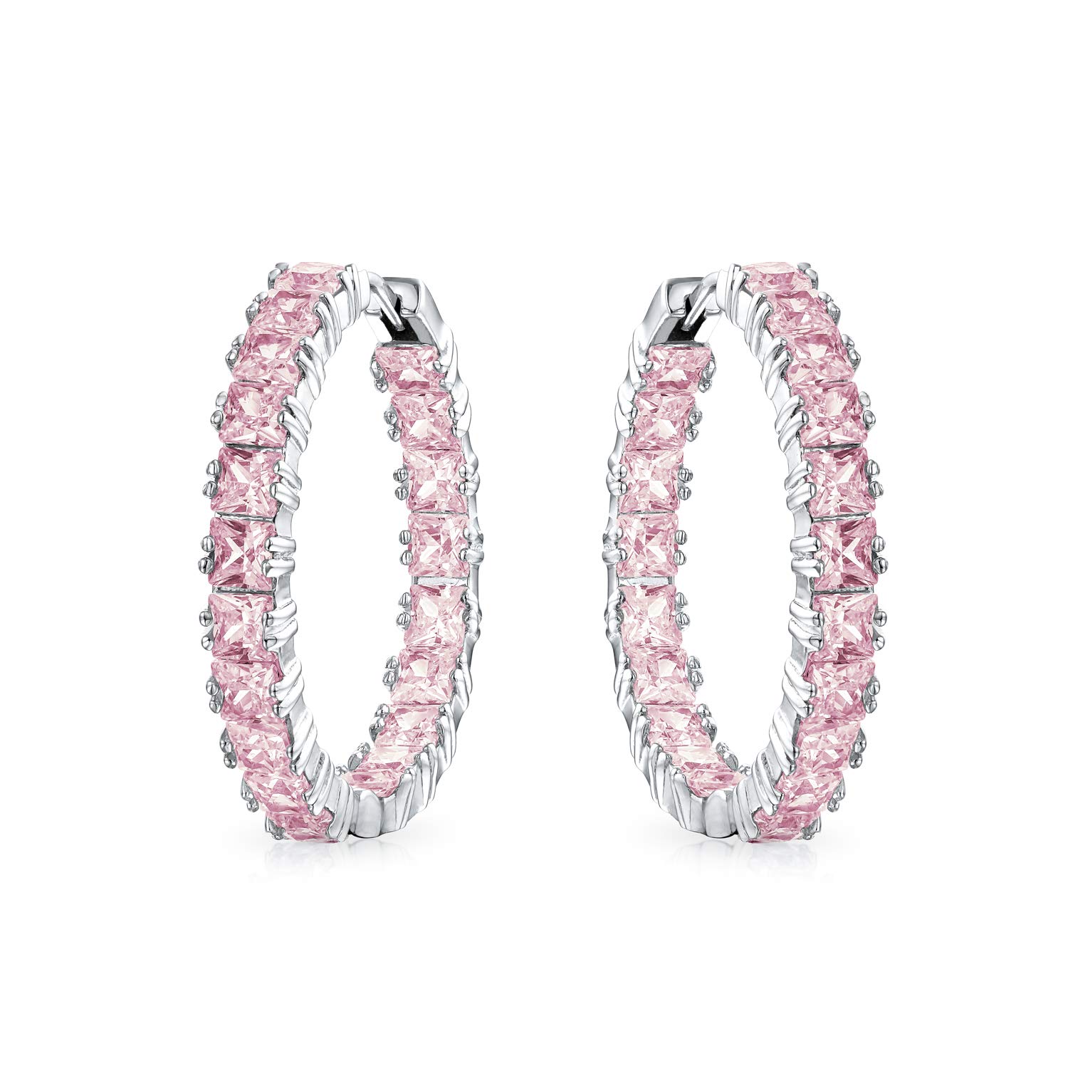 Bridal Square Simulated Pink Tourmaline Cubic Zirconia Brilliant Princess Cut AAA CZ Inside Out Statement Hoop Earrings For Women Prom Silver Plated 1.25 Diameter