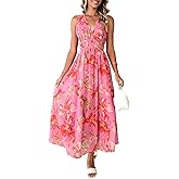 Flessibili Womens 2025 Summer Sleeveless V Neck Boho Long Dress Floral Print Midi Sundresses Floral Pink Small