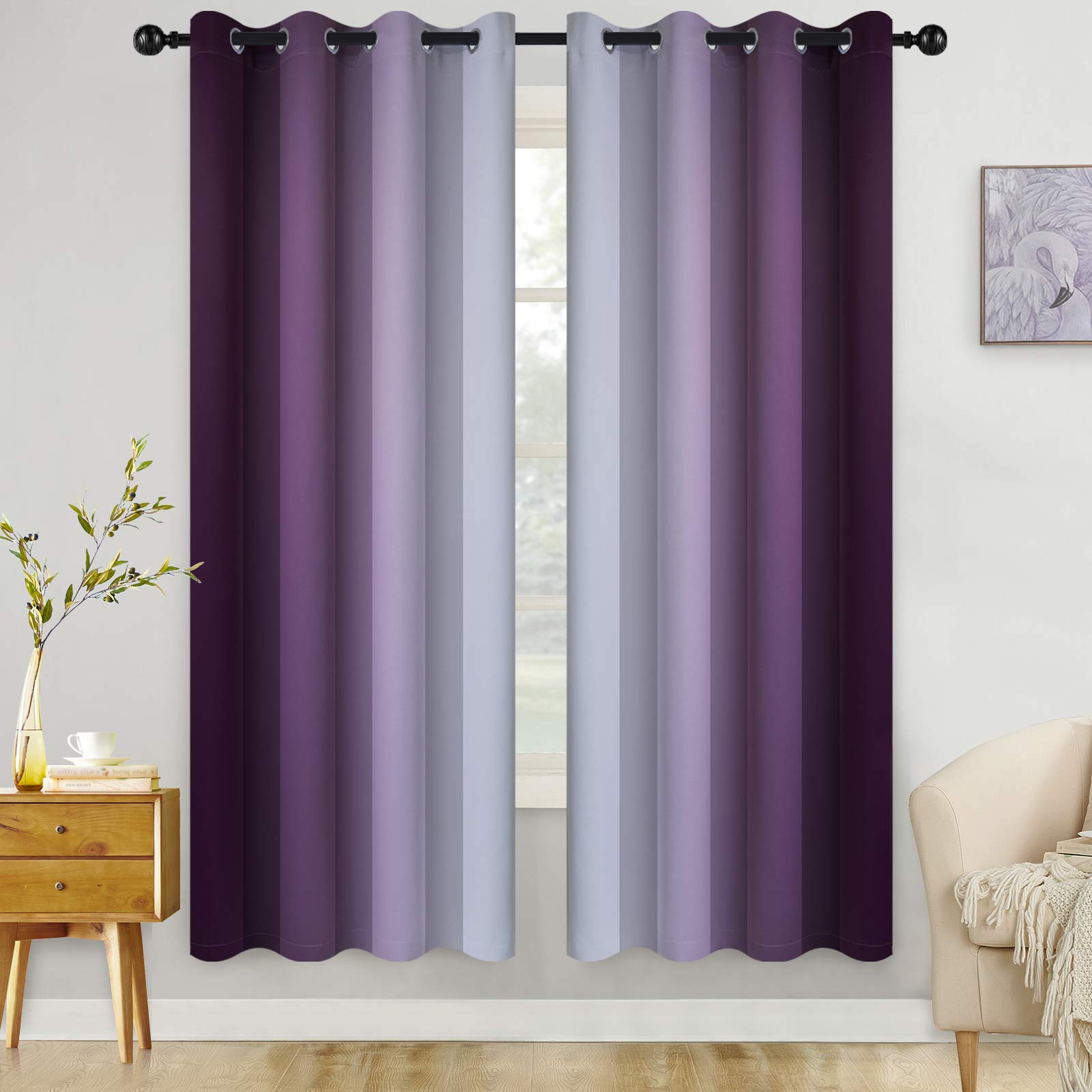 COSVIYA Grommet Ombre Room Darkening Curtains 72 inch Length 2 Panels,Purple and Grayish White Gradient Drapes Light Blocking Insulated Thermal Window Curtains for Bedroom/Living Room,52x72 inches