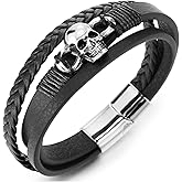 COOLSTEELANDBEYOND Men’s Black Leather Bracelet with Steel Skull Charm, Braided and Flat Multi-Strap Wristband, Biker