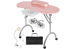 Alohappy Portable & Foldable Manicure Table Nail Desk on Wheels with Drawer, Updated USB-Plug LED Table Lamp, Client Wrist Pad, Carry Bag for Home Spa Beauty Salon Workstation(Pink 30" H)