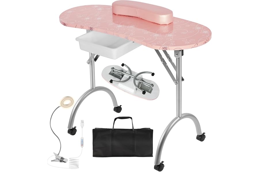Alohappy Portable & Foldable Manicure Table Nail Desk on Wheels with Drawer, Updated USB-Plug LED Table Lamp, Client Wrist Pad, Carry Bag for Home Spa Beauty Salon Workstation(Pink 30″ H)